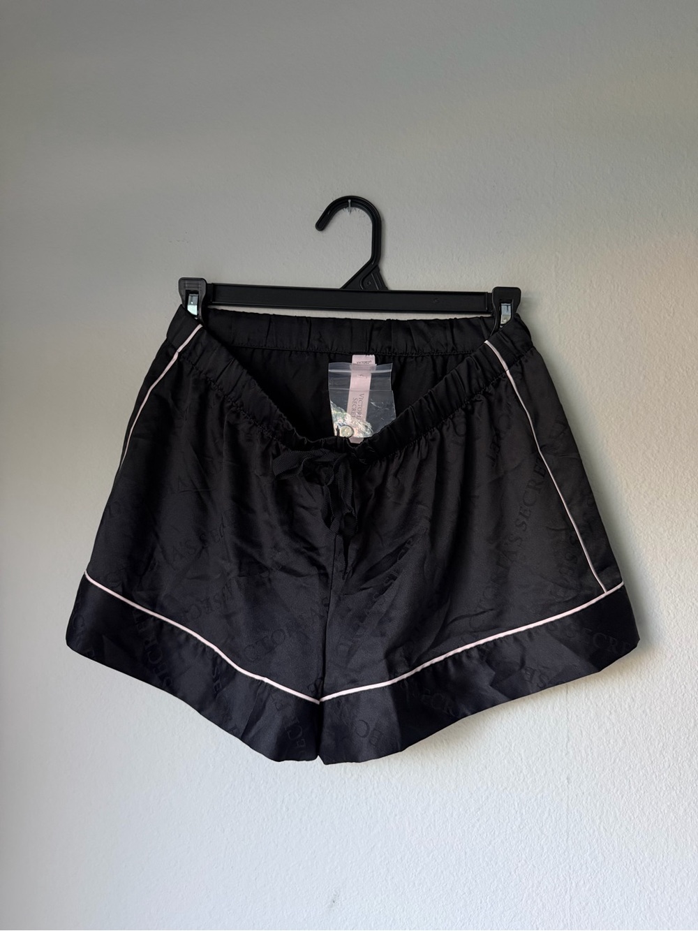 Victoria Secret Black Small Satin Lounge Shorts with Pink Piping